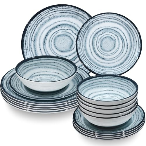 Service de table en mélamine pour 6 personnes - Bleu - Aspect pierre - Passe au lave-vaisselle - Accessoire de camping - Vaisselle de camping - Pour festival, pique-nique, fête dans le jardin