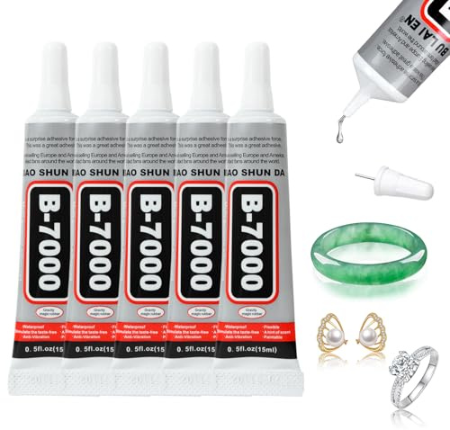 B7000 Super Glue, 5 Pcs 15ml Clear Craft Fabric Glues for Jewelry Making, Multi-Function Rhinestone Glue, B-7000 Bedazzling Glue for Clothe Fabric Cell Phone Rubber Wood Leather Rhinestones Craft