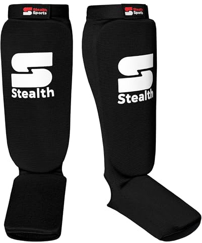 Stealth Sports Boxing Shin Guard - Professional Muay Thai Shin Guards - 12mm Thick Leg & Foot Shin Instep Guard - Protective Sparring Gear for MMA, Taekwondo, Karate, Kickboxing, Men & Women (S)