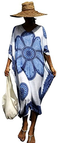 Ho Mall Damen Sommer Elegant Strand Poncho Ethnisch Drucken Lose Kaftan Kittel Sommer Maxi Kleid (Muster 6, Einheitsgröße)