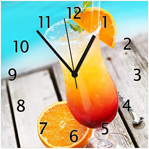 Wallario Design-Wanduhr Bunter Cocktail am Pool aus Glas, Motiv-Uhr Größe 30 x 30 cm, Schwarze Zeiger