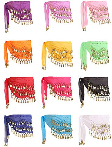 12 Stücke Bauchtanz Rock Hüftrock 12 Farben Taille Kette Tanz Hüfttuch Gürtel mit Schlenker Gold Münzen