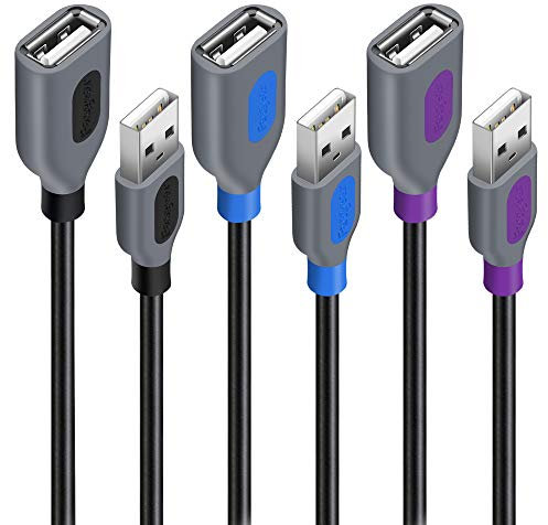 Fasgear USB 2.0 Extension Cable, 3 Pack 3ft A Male to A Female Charging and Syncing USB Extender Cord (Black & Purple & Blue)