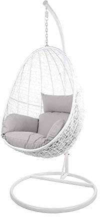 Kideo Swing Chair, Lounge-Möbel, Loungesessel Polyrattan, Hängestuhl, Hängesessel mit Gestell & Kissen (weiß/grau)