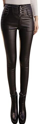 Kolylong® Damen Kunstleder Leggings High Waist Leggings Hose Strumpfhosen Treggins Leggins Kunstleder Leggings Leder Look Hüfthoch Jogginghose mit Knöpfe und Taschen Strumpfhosen Sporthose