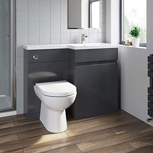 Artis 1100mm L Shape Bathroom Vanity Sink Unit Furniture Storage, Right Hand Gloss Grey Vanity Unit + Basin + Ceramic D Shaped Toilet with Concealed Cistern