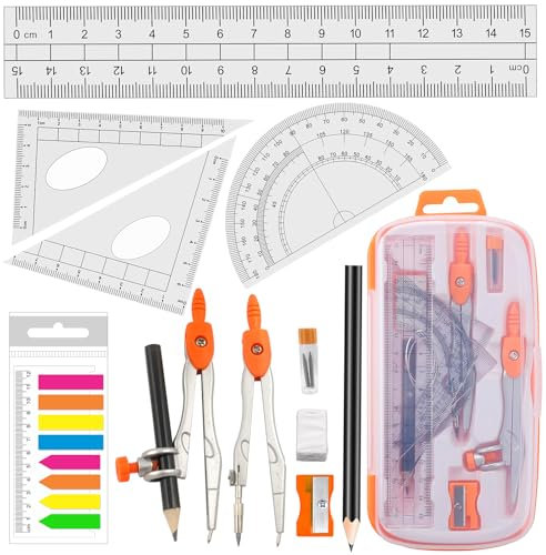 Geometrie Zirkel Set Akuoly Schulzirkel Geometriezirkel Mathematik mit 2pcs Zirkel, 2pcs Geodreieck, 15cm Lineal und Winkelmesser, Mathe-Geometrie-Set School Compass