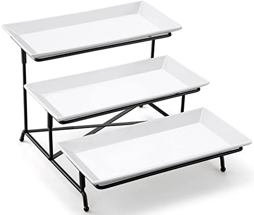 Yedio Ensemble de plateaux de service à 3 niveaux en porcelaine, plateau de service pliable et robuste avec barres transversales stables, 30,5 cm, trois couches pour fête, divertissement, affichage