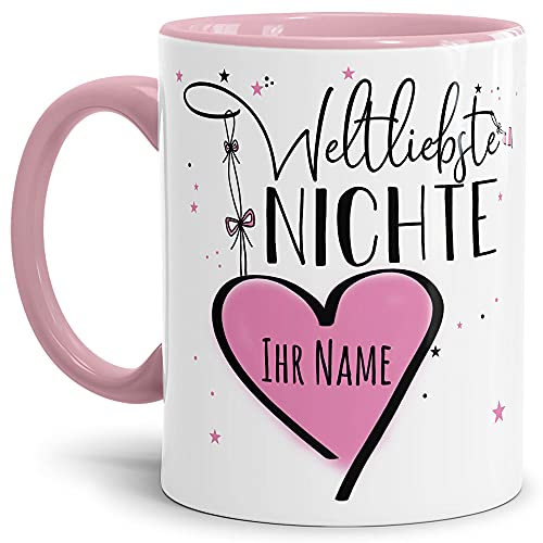 Keramik Tasse - Weltliebste Nichte - zum selbst gestalten mit Name - Geschenk für die beste Nichte - Innen & Henkel Rosa, 300 ml