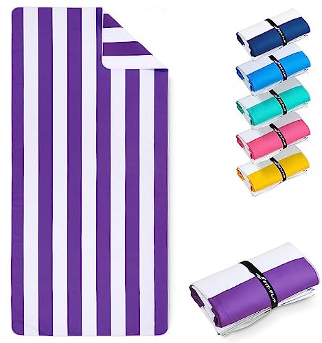 Fit-Flip Strandtuch XXL - Mikrofaser Badetuch - Strandtücher leicht und schnelltrocknend - 100% recyceltes Mikrofaser Handtuch - Strandhandtuch zum Baden (Violett-Weiß gestreift 200x90cm)