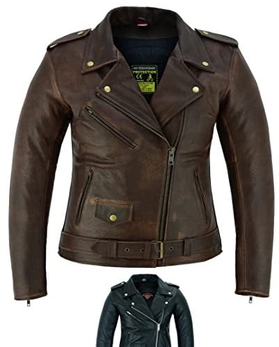 Texpeed Damen Leder Marlon Brando Rocker Retro Chopper Motorradjacke – Damen Touring Motorradjacke Mit Original Biker Rüstung (EN 1621-1) Schutz Braun - L