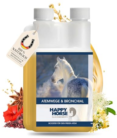 Happy Horse Atemwege- & Bronchialsaft für Pferde – Ergänzungsfuttermittel für Pferde – 1000 ml – 100% pflanzliche Rezeptur – Made in Germany