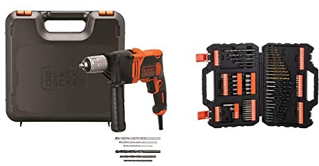 BLACK+DECKER BEH850K Taladro Percutor con Cable 850W Portabrocas 13mm Velocidad variable + A7200-XJ Juego de 109 piezas para atornillar y taladrar con brocas Titanio