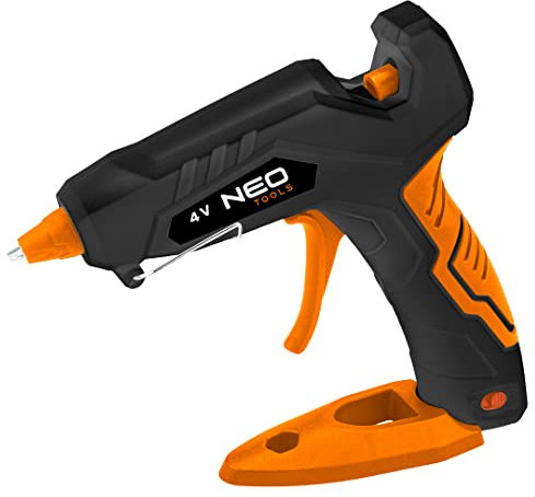 NEO TOOLS Kabellose Klebepistole, 4V, USB-betrieben, für 8mm Klebepatronen, Lithium-Akku mit einer Kapazität von 2600mAh, Ladezeit ca. 3 Std. Betriebsdauer ca. 100min. Leimleistung 360-600 g/h