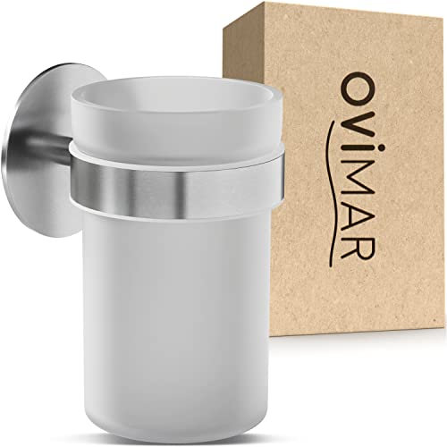 ovimar Zahnputzbecher Keldsnor | Silber | ohne Bohren | aus Glas und Edelstahl für das Bad | mit herausnehmbaren Becher und Zahnputzbecherhalter | zum Kleben an der Wand