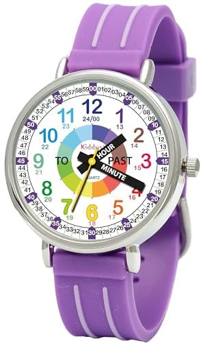 Kiddus Lern Armbanduhr für Kinder, Jungen und Mädchen. Analoge Armbanduhr mit Übungen zum Erlernen der Uhrzeit. Englische Version