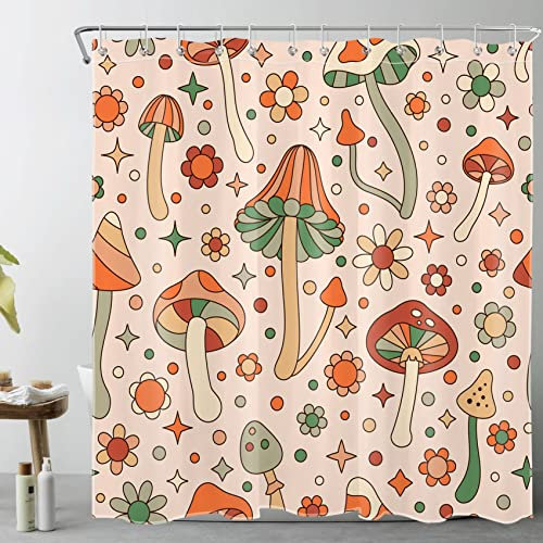 LB Boho Pilz Duschvorhang 150x180cm Böhmische Blumen Antischimmel Wasserdicht Badezimmer Vorhänge, Pfirsich Hintergrund Kurz Polyester Stoff Bad Vorhang mit Haken