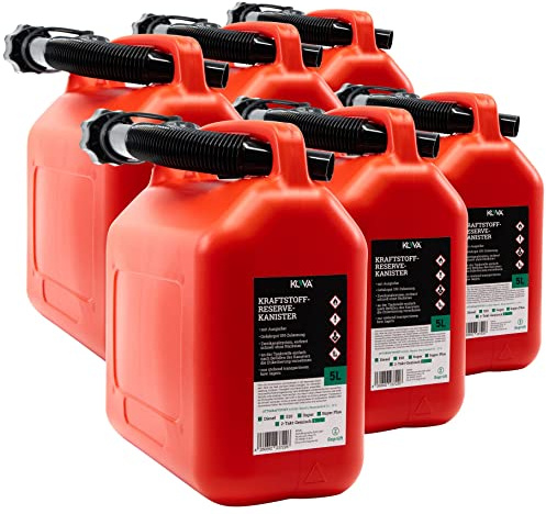 KOVA® 6x 5L Benzinkanister - Kraftstoffkanister mit UN-Zulassung - Perfekt als Dieselkanister, Reservekanister, Kraftstoffkanister, Wasserkanister, Benzin Kanister - Auswahl: 5L, 10L & 20L - ROT