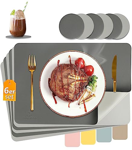 HELI MIAO Tischsets Abwaschbar,Platzsets Abwischbar,Tischset Leder,Hitzebeständig Doppelseitigen I 6er Set Platzdeckchen Lederoptik mit Untersetzer,Tischuntersetzer,Platzdecken(Anthrazit+Hellgrau)