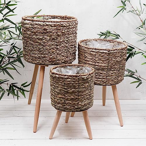 Large Natural Rattan Seagrass Wicker House Plant Flower Pot Planter With Wooden Legs (Medium)