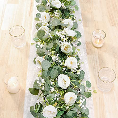 Betylifoy Guirlande Artificielle de Roses d'Eucalyptus 2 Pcs Guirlande Artificielle Guirlande de Fleurs de Verdure pour Décor de Fête de Table de Toile de Fond de Mariage (Blanc, 2PCS)
