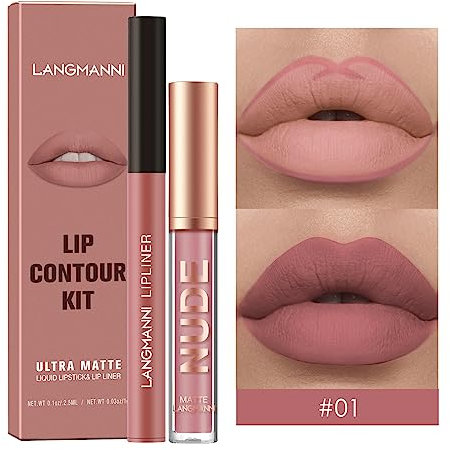 2Pcs Lip Liner und Lippenstift Set, Matte Lippenkonturenstift Lippenstift Makeup Kits, Pigment Samtig Nude Lippenfleck Wasserfestes langanhaltendes Lipgloss Make up Geschenkset (#01)