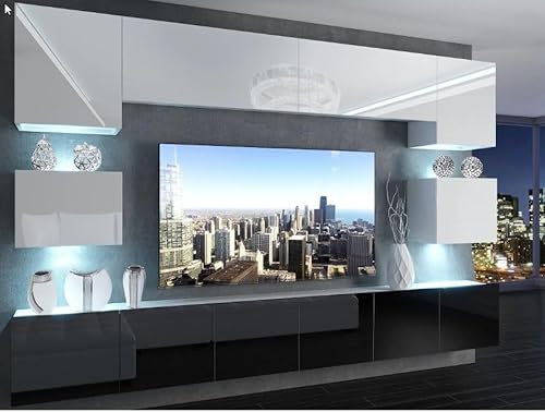 NAKA Wohnwand Sideboard Wohnzimmer Möbel TV-Schrank Lowboard TV-Board Hängeschrank Weiss Schwarz Hochglanz IMP 3/5/W/WB/0/0 mit LED Beleuchtung