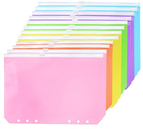 PATIKIL A6 Classeur Poche, 12 Paquet PVC Fermeture 6 Trous Classeur Pochette Dossiers Document Étanche Rangement Vrac Feuille Sacs pour 6-Anneaux Cahier Classeur, 6 Couleurs