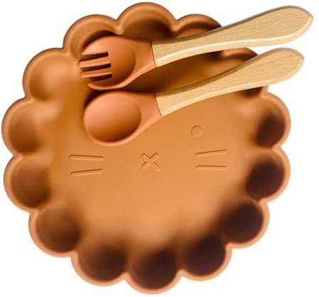 Ensemble repas pour enfants personnalisé avec couverts assortis, dans une teinte apaisante de l'ocre, éveillant le plaisir des repas et encourageant l'autonomie des tout-petits.