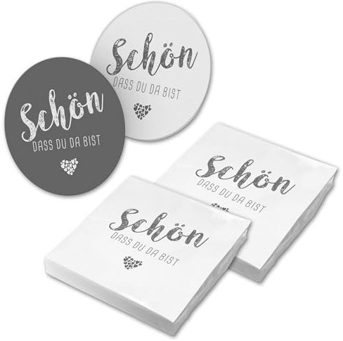 itenga 40x Servietten mit 40x Bierdeckel Schön dass du da bist (weiß grau)
