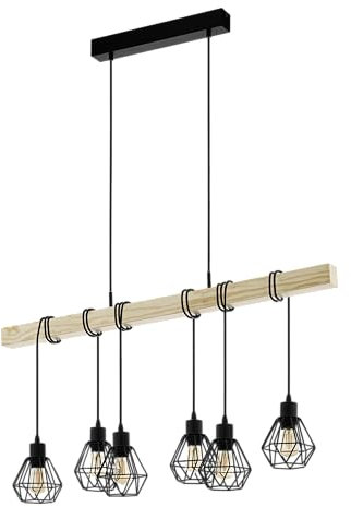 EGLO Pendellampe Townshend 5, 6 flammige Vintage Pendelleuchte im Industrial Design, Retro Hängelampe aus Stahl und Holz, Farbe Schwarz, braun, FSC Zertifiziert, E27