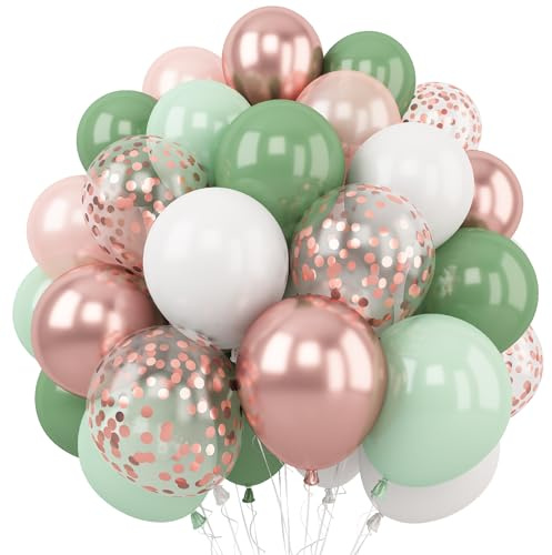 Sage Green and Rose Gold Balloons, 12 Inch Avocado Green Metallic Rose Gold Confetti Balloons, Retro Green White Balloons for Birthday Wedding Baby Shower Jungle Safari Party Decoration