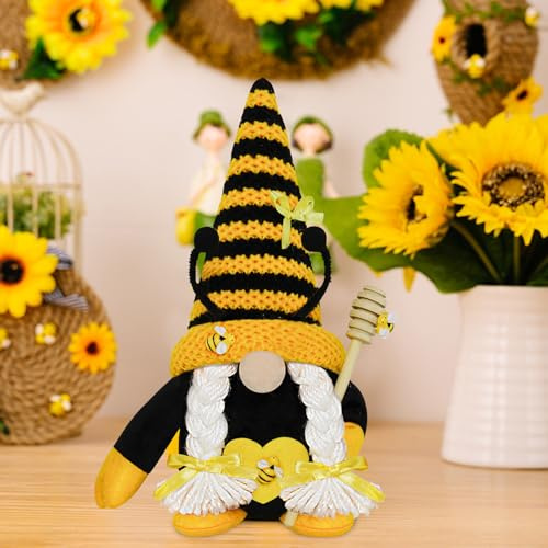 Nexoria Bienen Wichtel, Frühling Sonnenblume Biene Wichtel Zwerg Wichtel Figuren Mit Blumen und Bienen Handgefertigte Plüsch Puppen Zwerg Dekorationen Sonnenblume Wichtel Deko für Home (B)