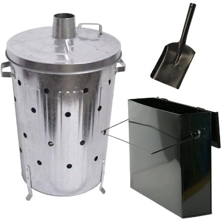 Trendi 90 Litre Extra Large 90L Galvanised Metal Incinerator + Shovel Recycle Garden Rubbish Fire Wood Burner Burning Leaves Hot Ash Bucket Coal & Box Lid (90L Inci +Ash Box & Shovel)