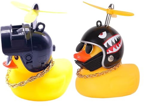 WBZOWRB Gummi Gelb Ente Auto Ornament, Coole Fahrradglocke Dekorationen mit Propellerhelm für Erwachsene Kinder, 2 Stück
