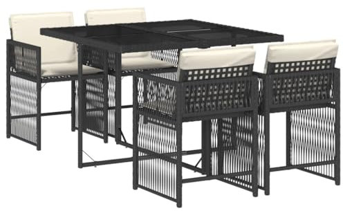 vidaXL Garten Essgruppe 5-TLG., Gartenmöbel Set Tisch mit 4 Stühle, Gartengarnitur mit Kissen, Sitzgruppe Essgarnitur Terrasse, Schwarz Poly Rattan