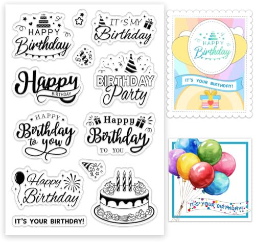 INFUNLY Birthday Clear Word Stamps with Cake for Card Making - 6.3×4.3 Silicone Stamp Words Transparent Stamp for DIY Scrapbooking and Gift