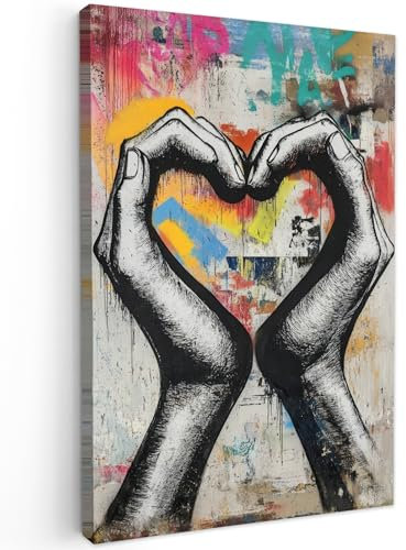 MuchoWow© Leinwand Groß 80x120 cm XXL Deko Schlafzimmer Aesthetic Leinwandbilder Wohnzimmer Gemälde Foto Geschenk Living Room Decoration Hände - Herz - Straßenkunst - Graffiti