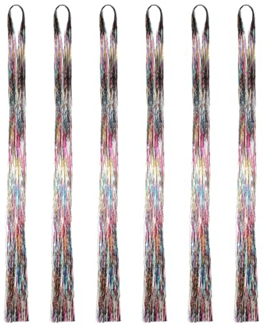 6 Piece Hair Tinsel,Haarsträhnen Kit Glitzersträhnen,Gold Silk Colours, Glitter Hair Strands, Tinsel Strands with for Women, Girls, Children, Hair Extension, Clip, Party, Cosplay, Party Accessories