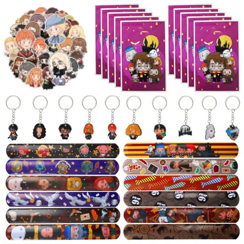 82Pcs Magic Wizard Cadeau de Fête d'anniversaire pour Enfants, 12 Bracelet de Slap, 10 Sac Cadeaux, 50 Autocollants, 10 Porte-clés, Harry Pot Décoration de Fête d'anniversaire pour Garçons Filles