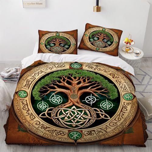 Bettwäsche 135x200 cm Winter, Bettwäsche-Sets Totem Baum Wikinger 3D-Printing Lebendige Farben, Bettwäsche 3 Teilig Mit Verdecktem ReißVerschluss Und EckbäNdern, 2 KissenbezüGe Sind 80 X 80 cm