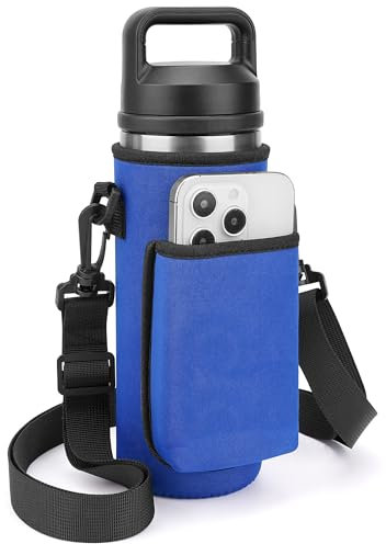 Linkidea Water Bottle Carrier with Strap Compatible with YETI Rambler Bottle 18oz, Yonder Bottle 600ml/20oz, Waterbottle Sling Bag Holder, Shoulder Strap with Phone Pocket (Blue)