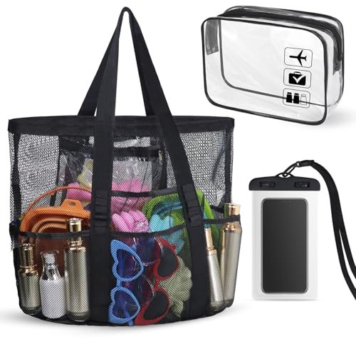 XXL Mesh Strandtasche Damen mit Reißverschluss, Faltbare Mesh Badetasche mit Handy Wasserdichte Tasche & Kosmetiktasche, Leicht, für Strand Urlaub Reise Schwimmbad
