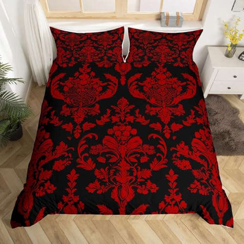 Loussiesd Rot Schwarz Bettwäsche Set 135x200cm Vintage Damast Floral Oriental Antik Bettbezug Kinder Jungen Mädchen Gothic Böhmen Floral Betten Luxus Blume Bettwäsche-Set