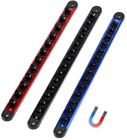 Mayouko Aluminum Magnetic Socket Organizer, 3-Piece Socket Rail Holder, 1/4-Inch x 14 Clips, 3/8-Inch x 14 Clips, 1/2-Inch x 12 Clips, Storage 40 Sockets