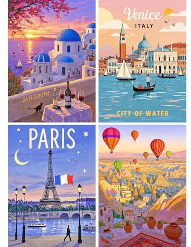 SHEGZHUC 4 Pack Diamond Painting Erwachsene Stadt Poster, 30x40cm Diamant Malerei Bilder Santorini Paris Venedig Türkei, Mosaik Stickerei Kreuzstich Kunst Geschenk, Wanddekoration für Schlafzimmer
