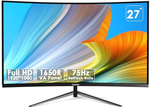 TONTRU 27-inch FHD(1920 x 1080) Monitor Curved, VA Panel, 75Hz, HDMI/VGA, Low Blue Light, Flicker-Free, 3-Side Frameless, VESA Mount, Slim Metal Stand, for Home Office Use, Black