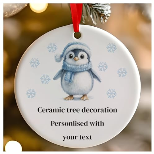 Personalised Blue Christmas Penguin Hanging Tree Decoration | Round Ceramic 7cm, Childs / Babies 1st Christmas, First Xmas as Mr and Mrs