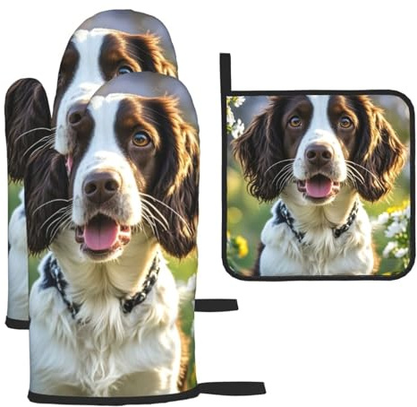 Oven Mitts and Pot Holders Sets of 3 Heat Resistant Kitchen Gloves Cute springer spaniel Oven Mitts BBQ Gloves Oven Gloves and Hot Pads Non-Slip Potholders for Kitchen Baking Cooking