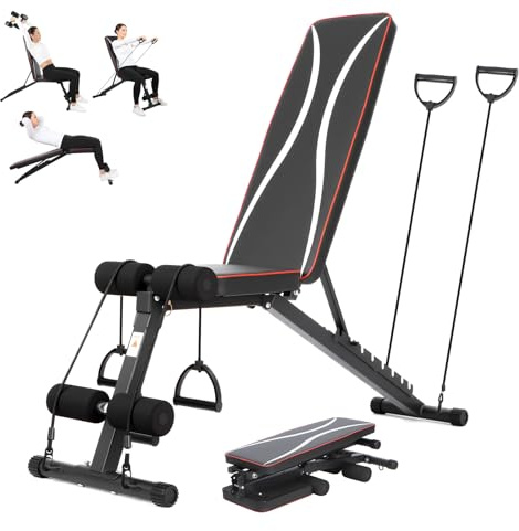 Chiidou Adjustable Foldable Weight Bench with Resistance Bands, Fast Folding 8-Level Flat Incline Decline Bench for Home Gym, 300kg Capacity Utility Full Body Workout Bench for Strength Training
